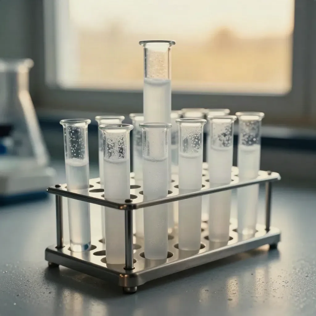 Frosted vials and a stainless tube rack on brushed stone in a calm biotech still life.