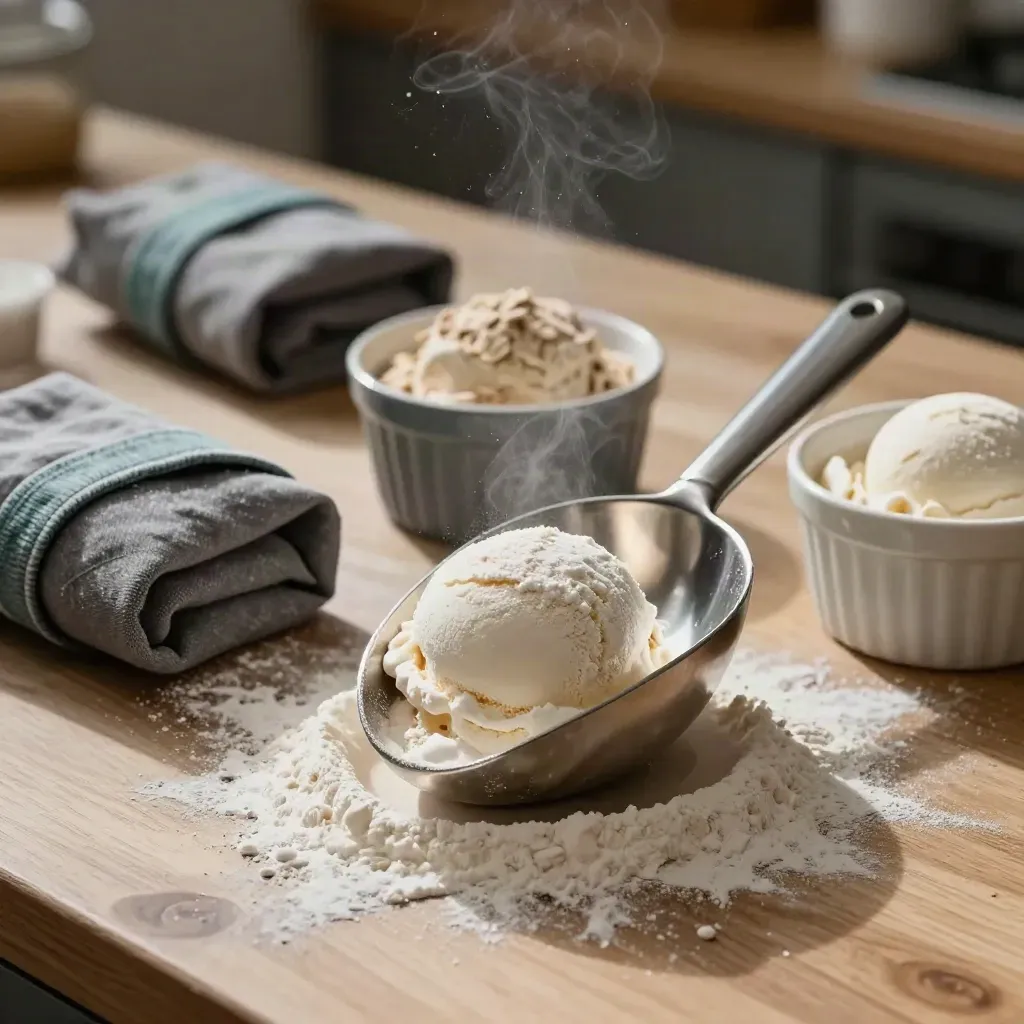 Flour-dusted scoops and ramekins on pale wood with folded linen wraps