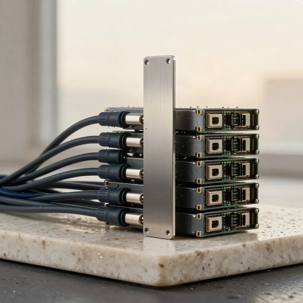 Brushed-steel server hardware and cables on rain-wet stone in soft dawn mist