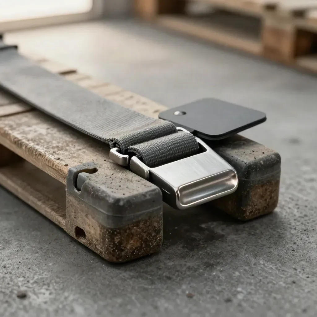 Macro still life of logistics strap hardware, pallet corner guards and an RFID sleeve on dark concrete.