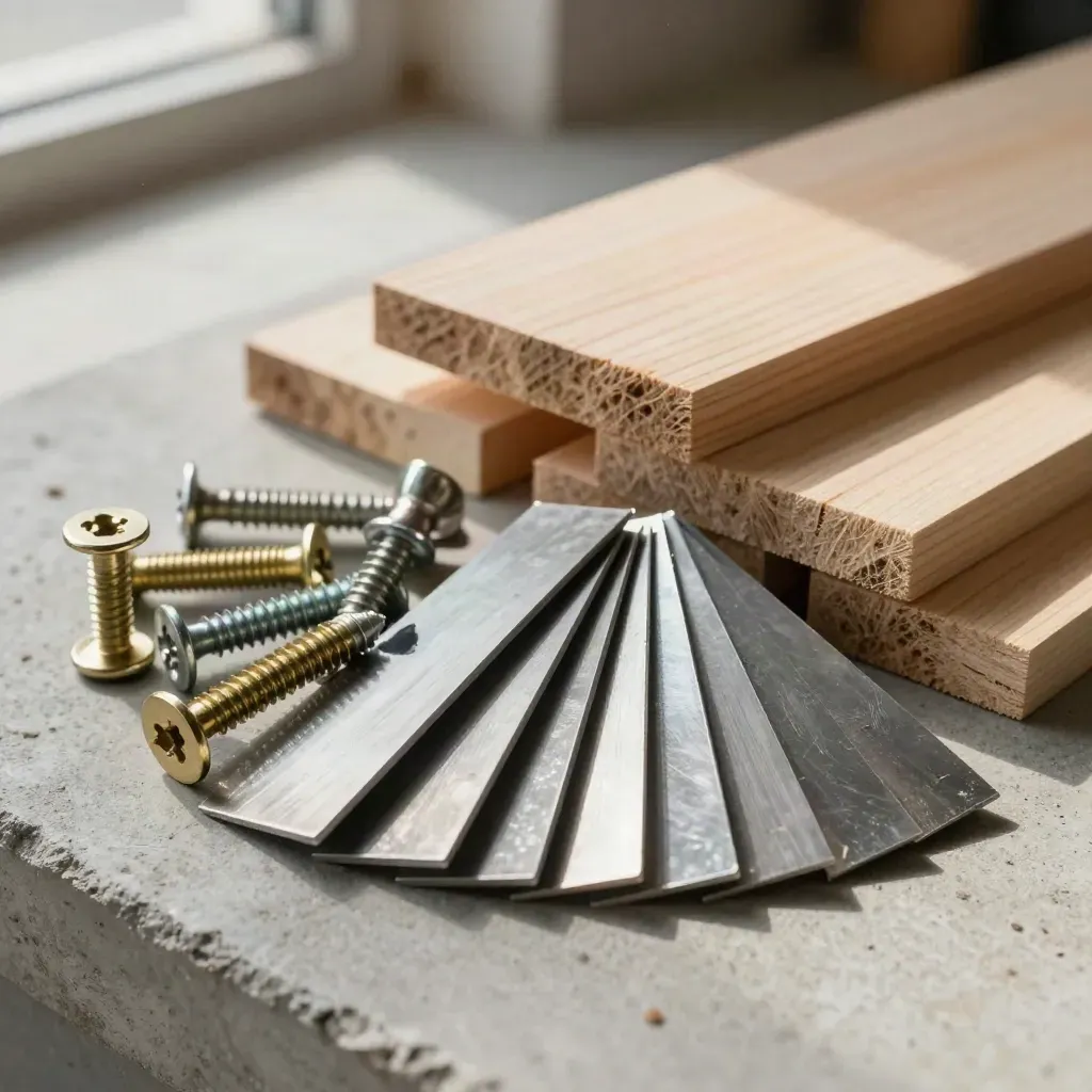 Metal sample chips, brass fasteners, and timber offcuts on concrete in soft daylight.