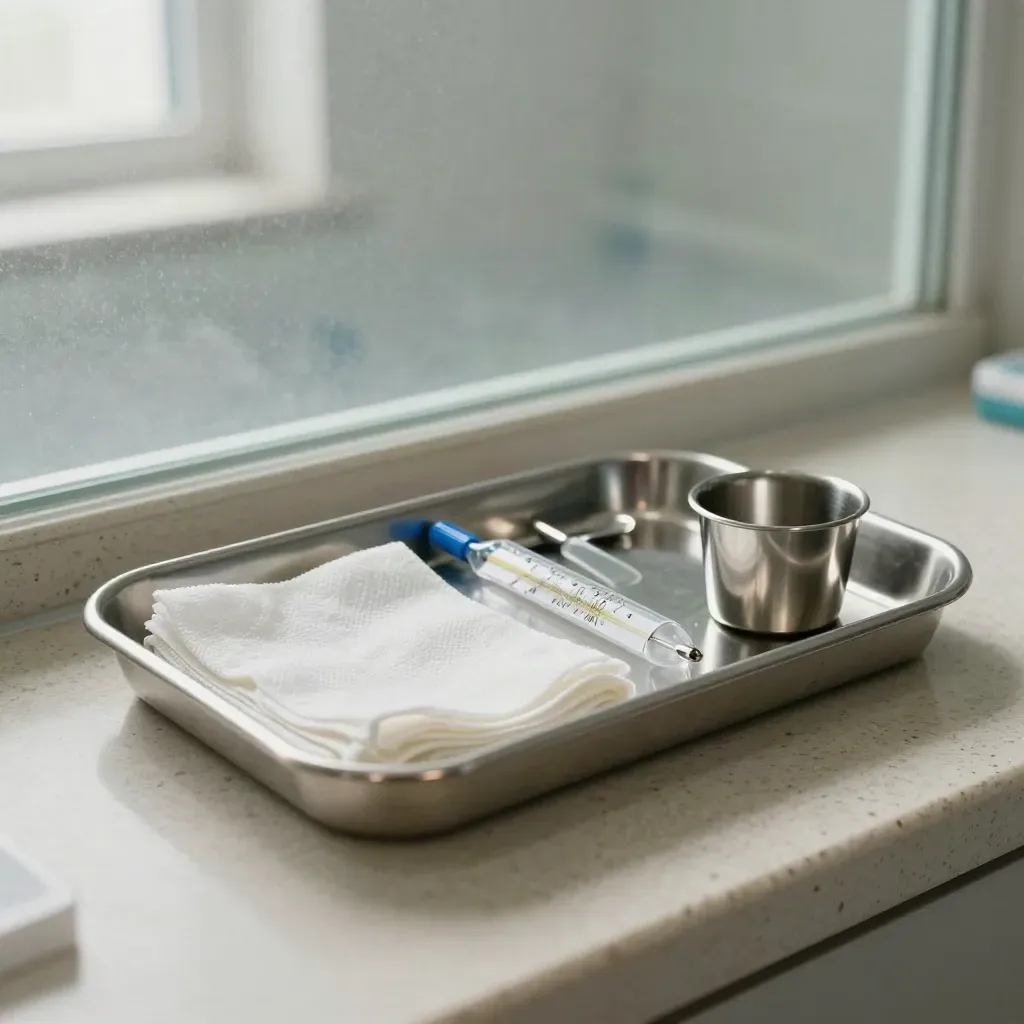 Care-sector still life with a stainless tray, gauze, specimen tubes and probe cover on pale stone.