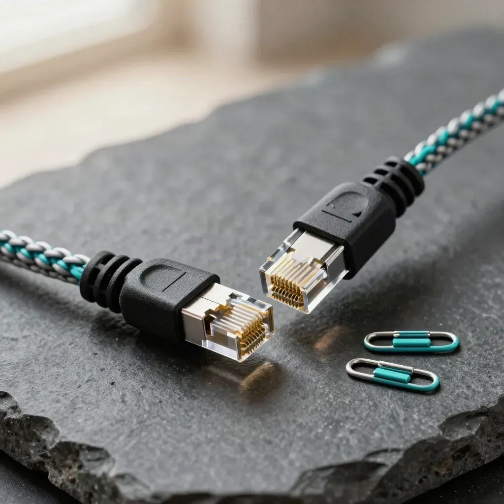 Macro of ethernet patch lead and RJ45 couplers on graphite stone.