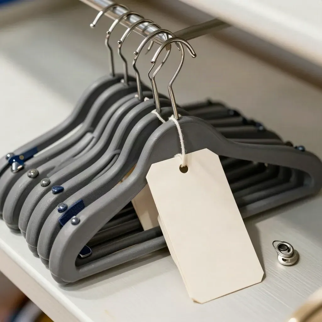 Top-down macro of stacked hangers, blank tags and shelf clips on brushed metal.