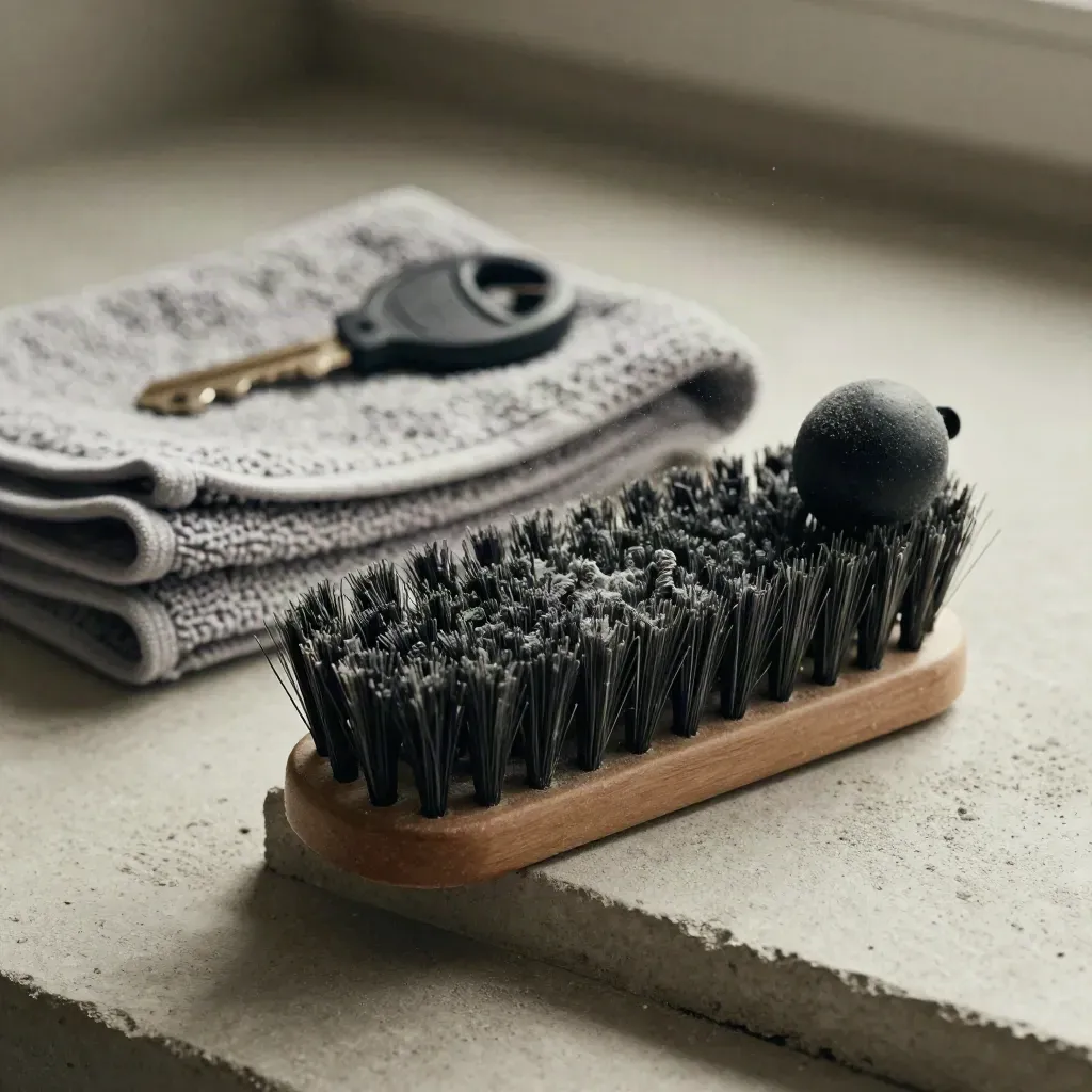 Anti-static brush, microfiber cloth, and lint blower bulb on pale concrete.