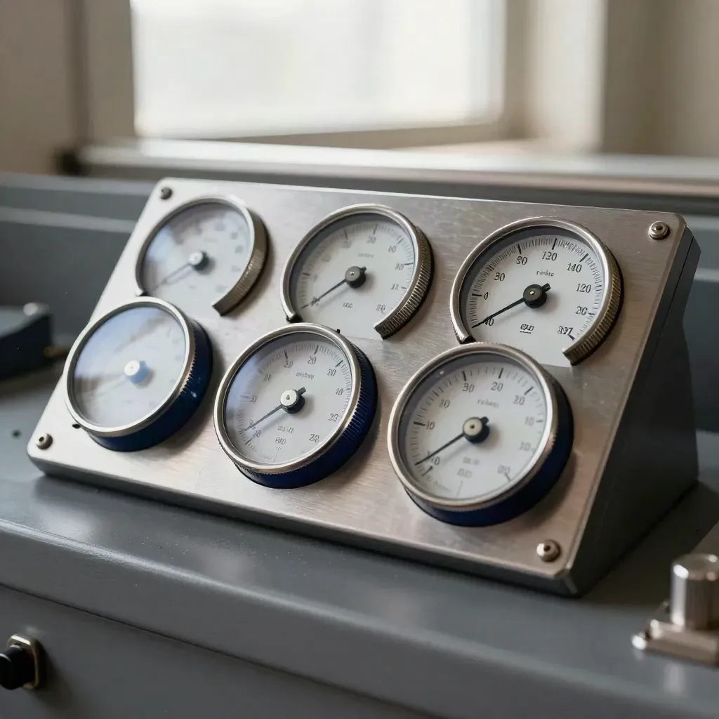 Macro of analogue KPI dials on brushed metal with a deep navy accent