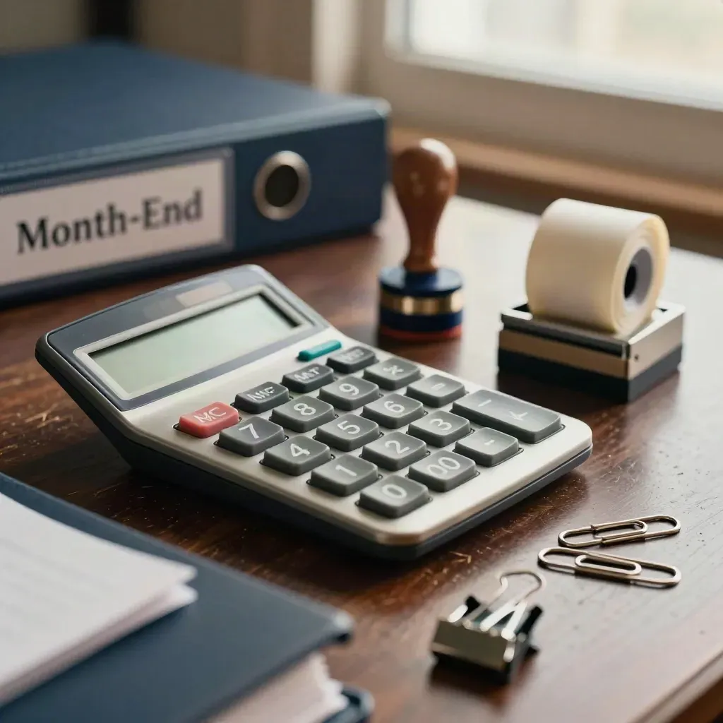 Finance calculator, audit stamp, paper clips and receipt spindle on dark wood, shot through a blurred binder spine
