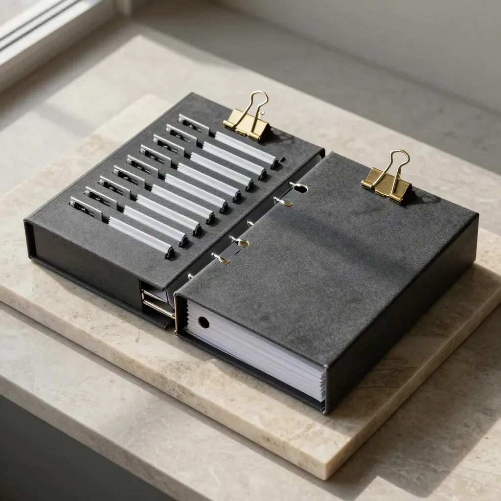 Top-down still life of matched archival binders, brass clips, and steel file tabs on stone.