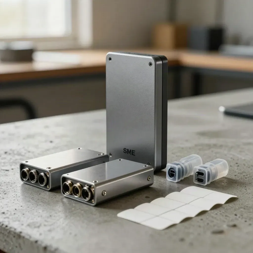 Sensor modules, cable adapters, and label strips on cool concrete in dramatic studio light.