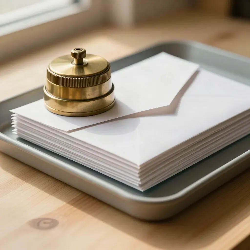 Brass timer and face-down courier envelopes stacked in a dispatch tray on pale wood.