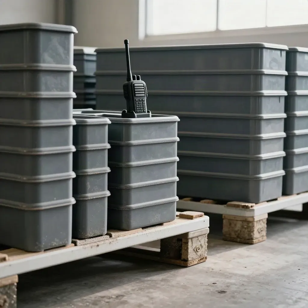 Dusty warehouse still life of stacked totes, radio cradle, and pallet guard