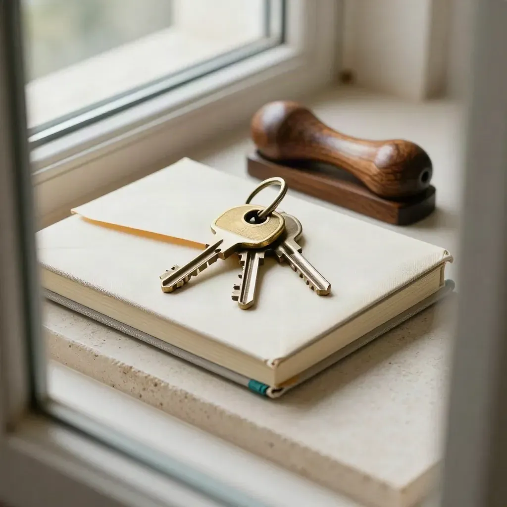 Brass keys on a sealed envelope with notebook and walnut paperweight, seen through glass.