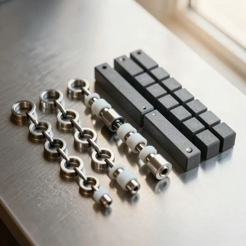 Macro flat lay of machined connectors and linked rings on brushed metal.