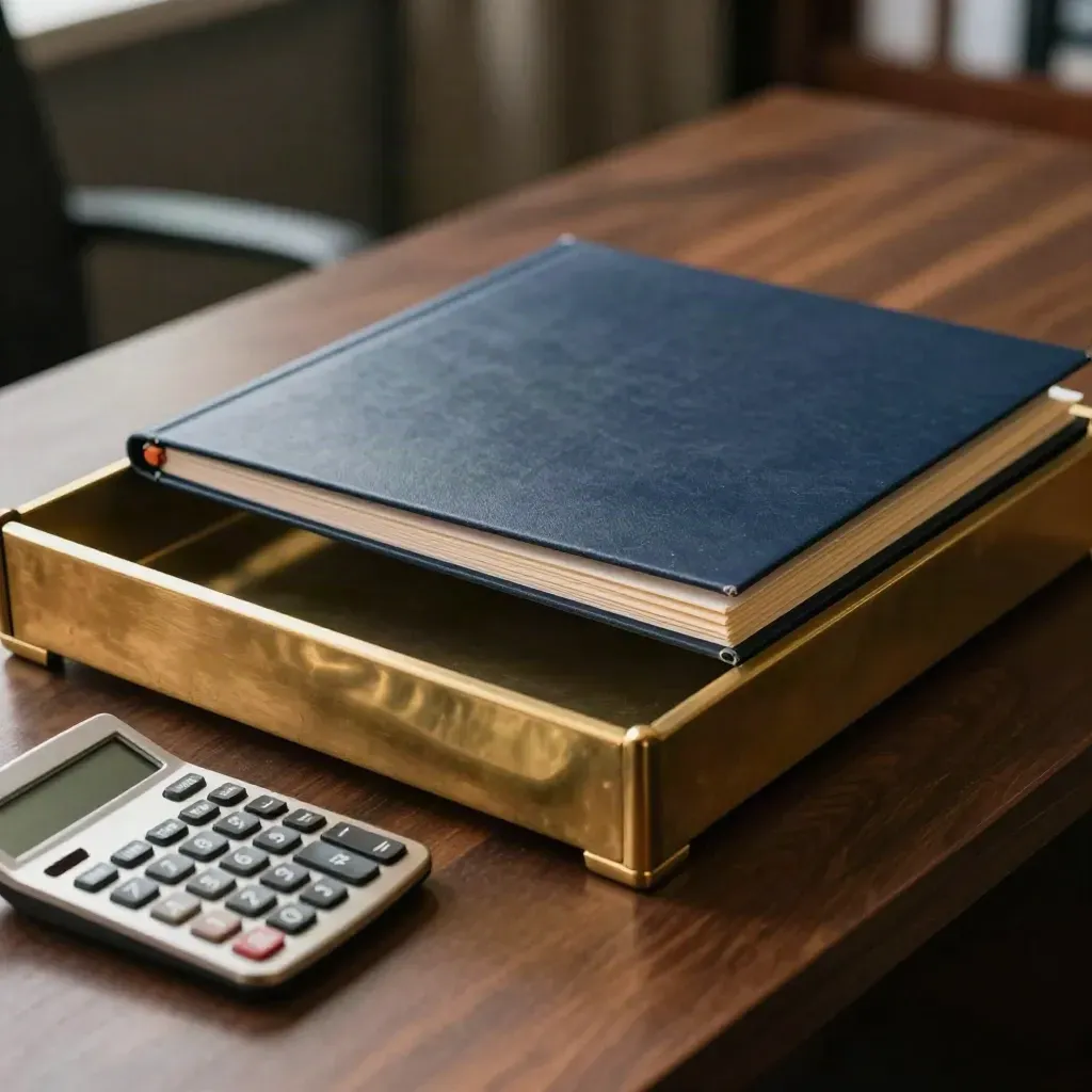 Brass cash tray, metal calculator, and month-end folder on dark walnut in dramatic light.