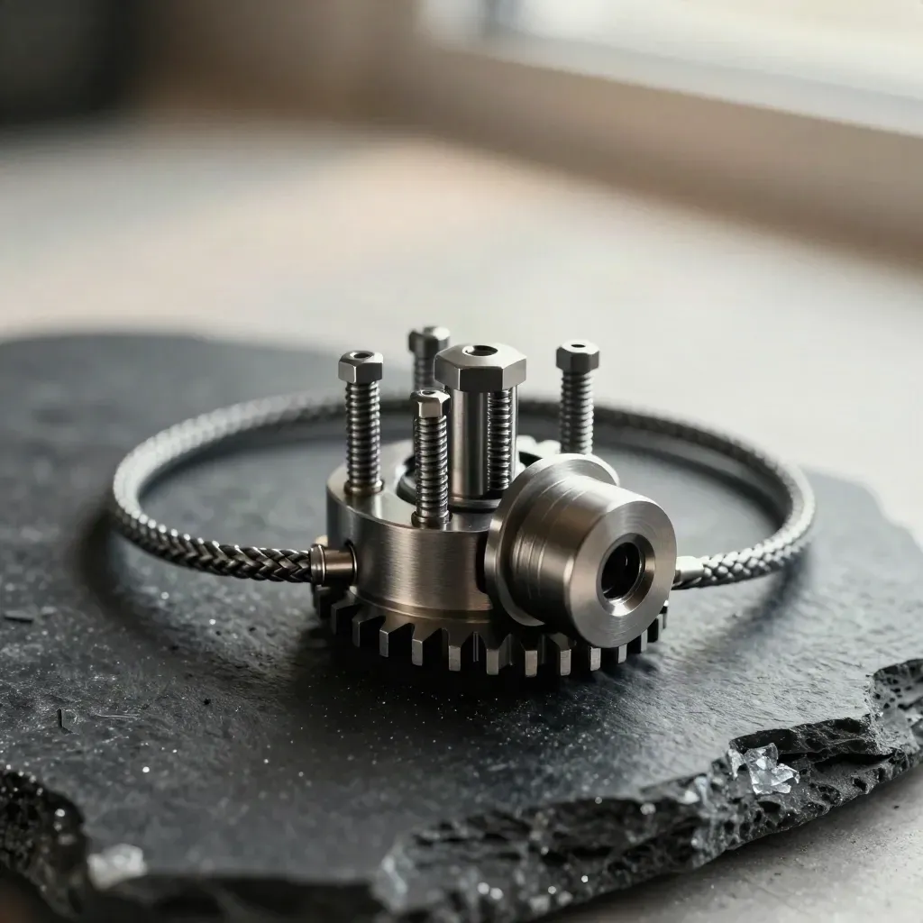 Steel coupler, hex standoffs, and braided cable loop on dark stone