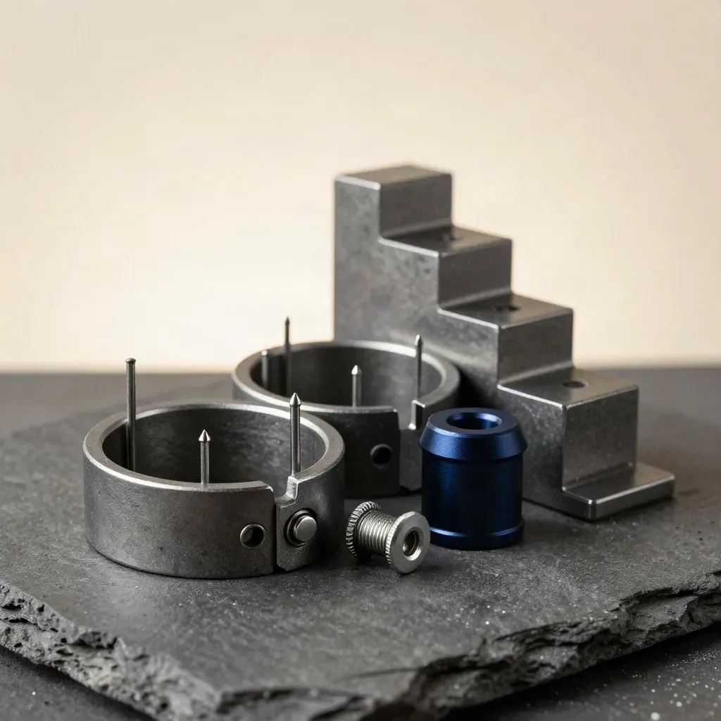 Machined collars and pins locked together on dark slate concrete with deep navy accent
