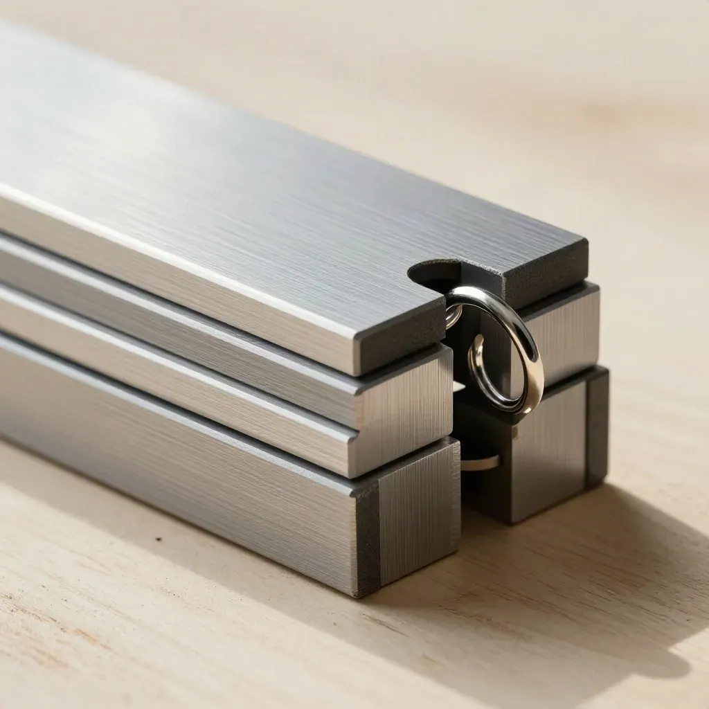 Aluminum blocks, magnetic spacers, and a linked ring on pale wood under soft directional light.