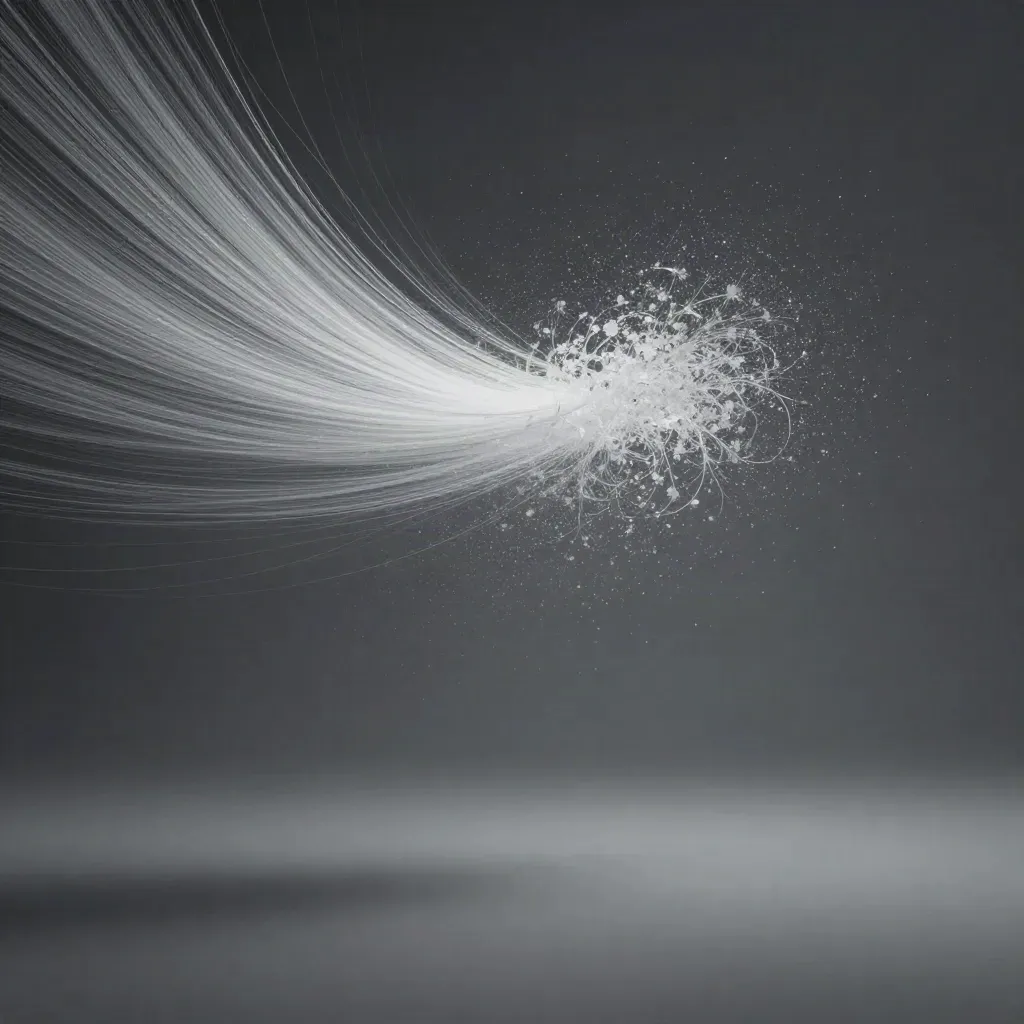 Abstract silver light filaments converging in a soft bloom over dark graphite haze.